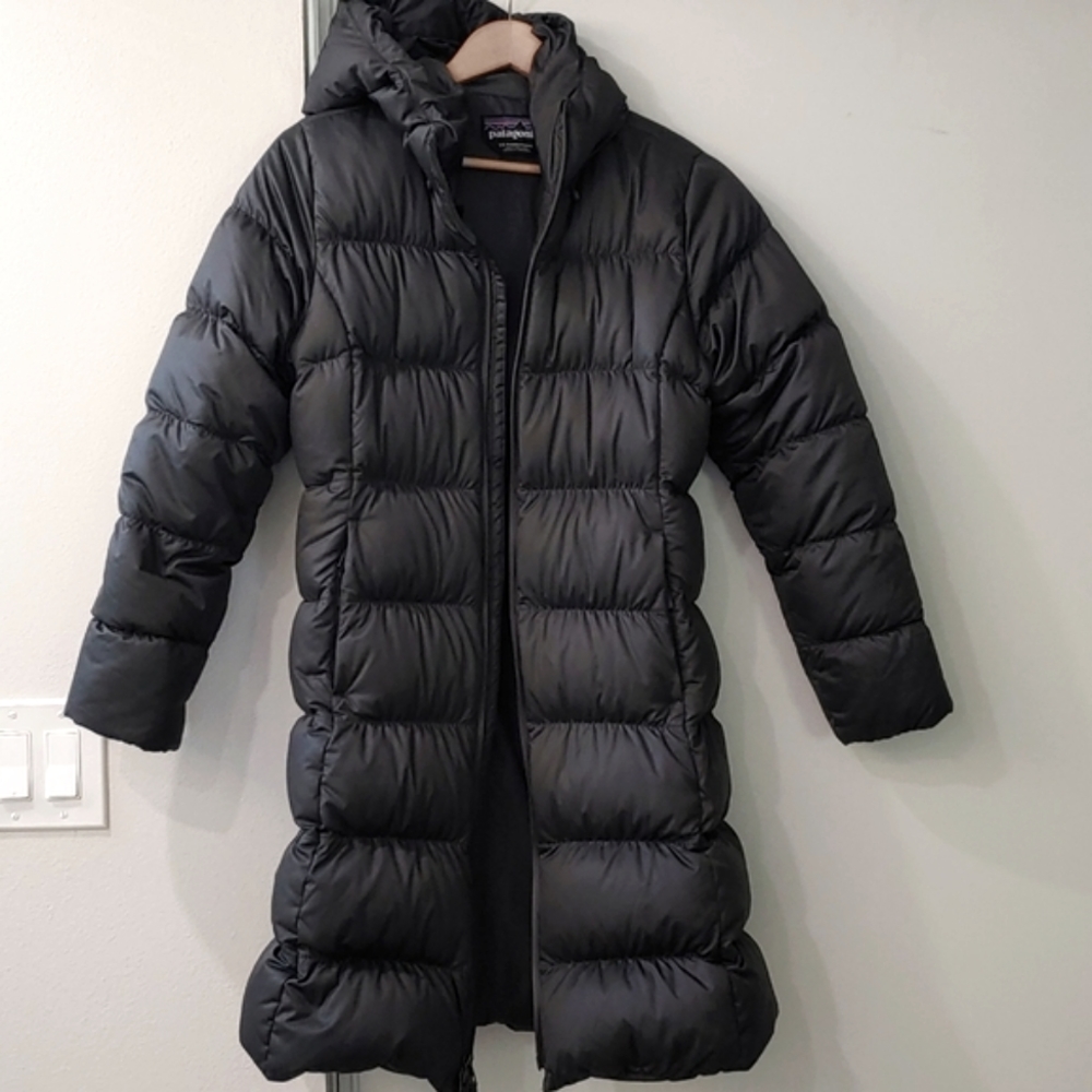 Patagonia 700/800 Fill Down Hoodie Puffer Coat XS Charcoal Gray Forest Green EUC